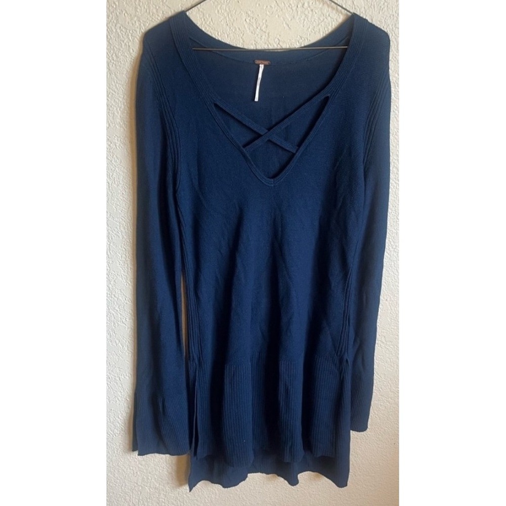 Free People Womens M Navy Blue Ribbed Sweater Dress Criss Cross V Neck Boho